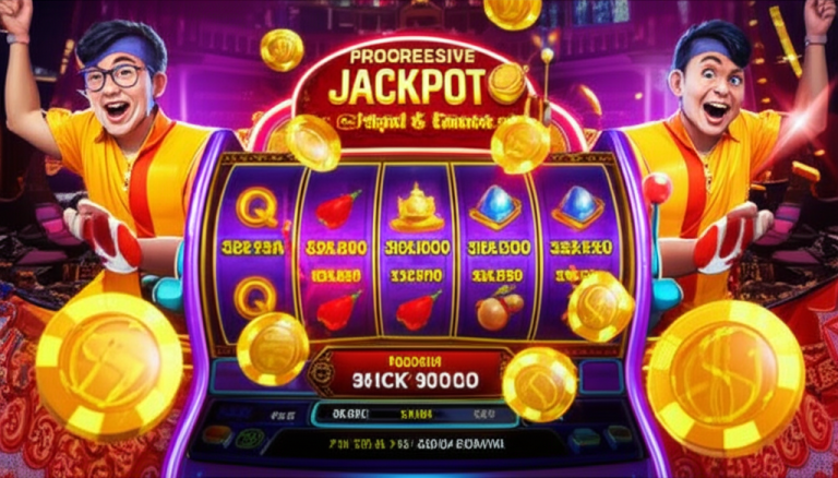 Ilustrasi pemain slot Indonesia yang merayakan kemenangan jackpot progresif besar dengan mesin slot modern dan koin emas berkilauan