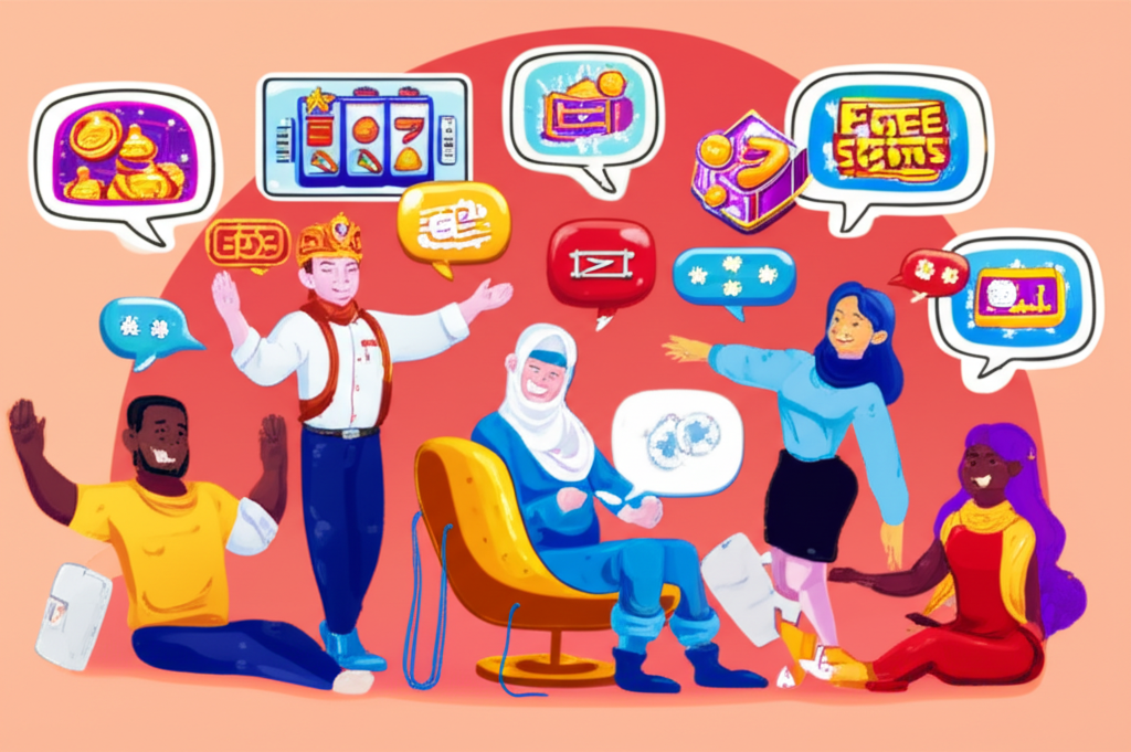 Ilustrasi komunitas pemain slot online Indonesia yang berbagi tips dan strategi free spins dalam suasana ramah dan mendukung
