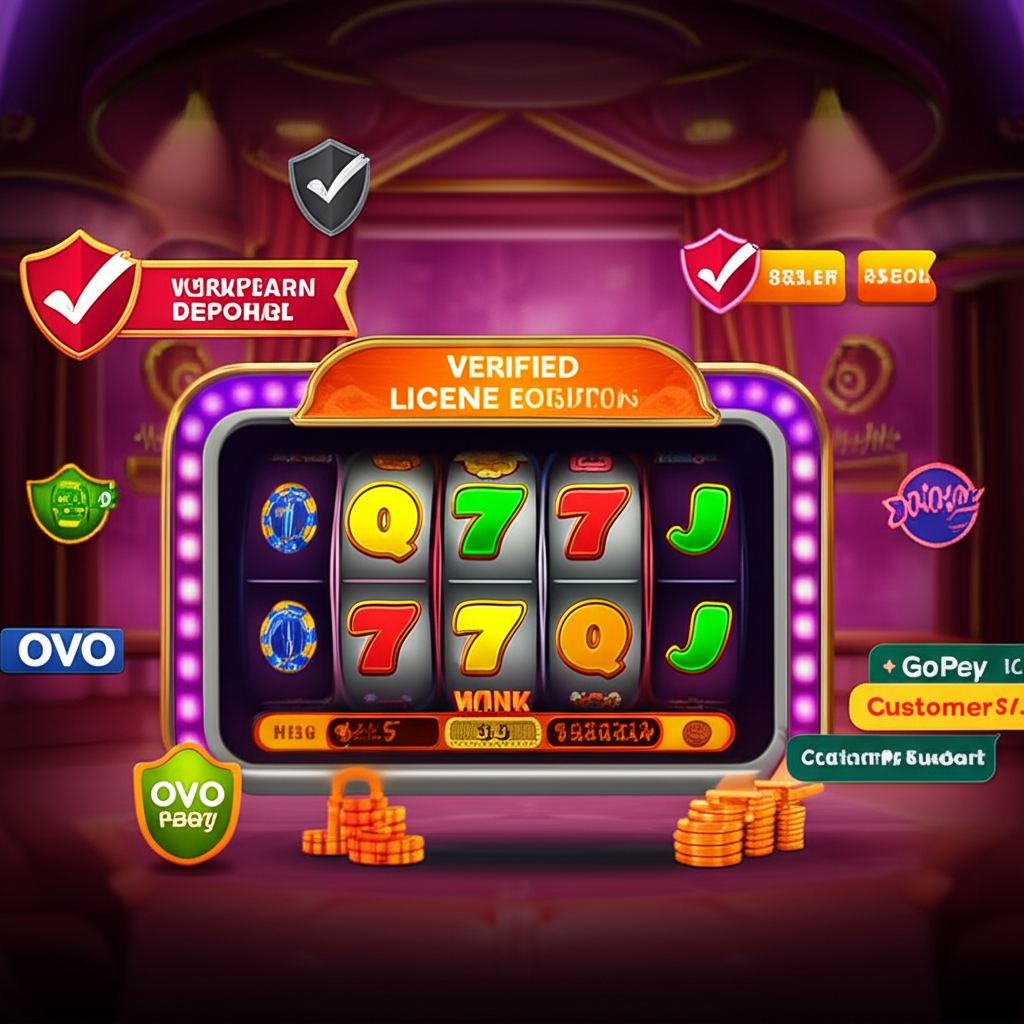 Ilustrasi dashboard platform slot online aman dengan lisensi resmi, enkripsi SSL, metode pembayaran populer Indonesia, dan layanan pelanggan 24/7