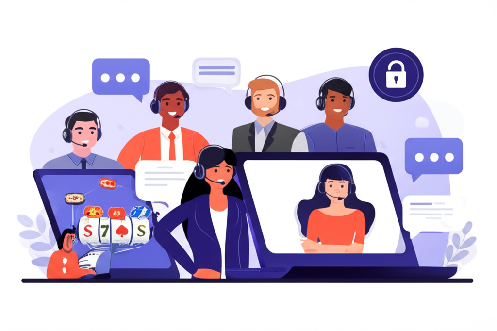 Ilustrasi tim layanan pelanggan 24/7 yang profesional dan responsif untuk keamanan pemain slot