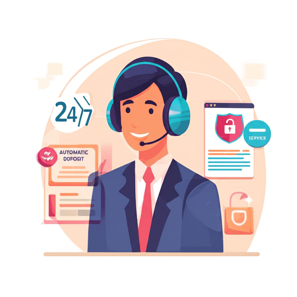 Ilustrasi layanan pelanggan 24/7 SuperSlotWins yang profesional siap membantu dengan sistem setoran dan penarikan otomatis yang aman.