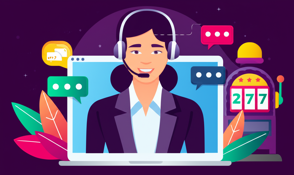 Ilustrasi layanan customer service 24/7 SuperSlotWins dengan agen ramah yang melayani live chat untuk penyelesaian masalah teknis