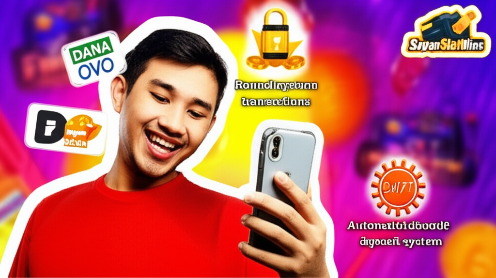 Ilustrasi pemain slot online Indonesia menggunakan e-wallet DANA dan OVO dengan sistem transaksi aman dan layanan 24/7 di platform SuperSlotWins