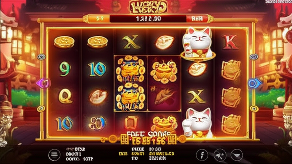 ภาพหน้าจอเกม Lucky Neko แสดงฟีเจอร์ Wild, Scatter และตัวคูณในเกมสล็อต PG Slot สำหรับมือใหม่
