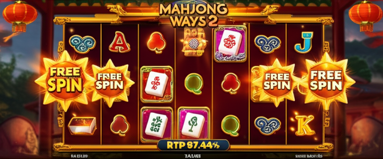 Mahjong Ways 2 slot game interface with golden Mahjong tiles, free spin icons, and RTP 97.44% displayed, set in a festive ancient Chinese theme