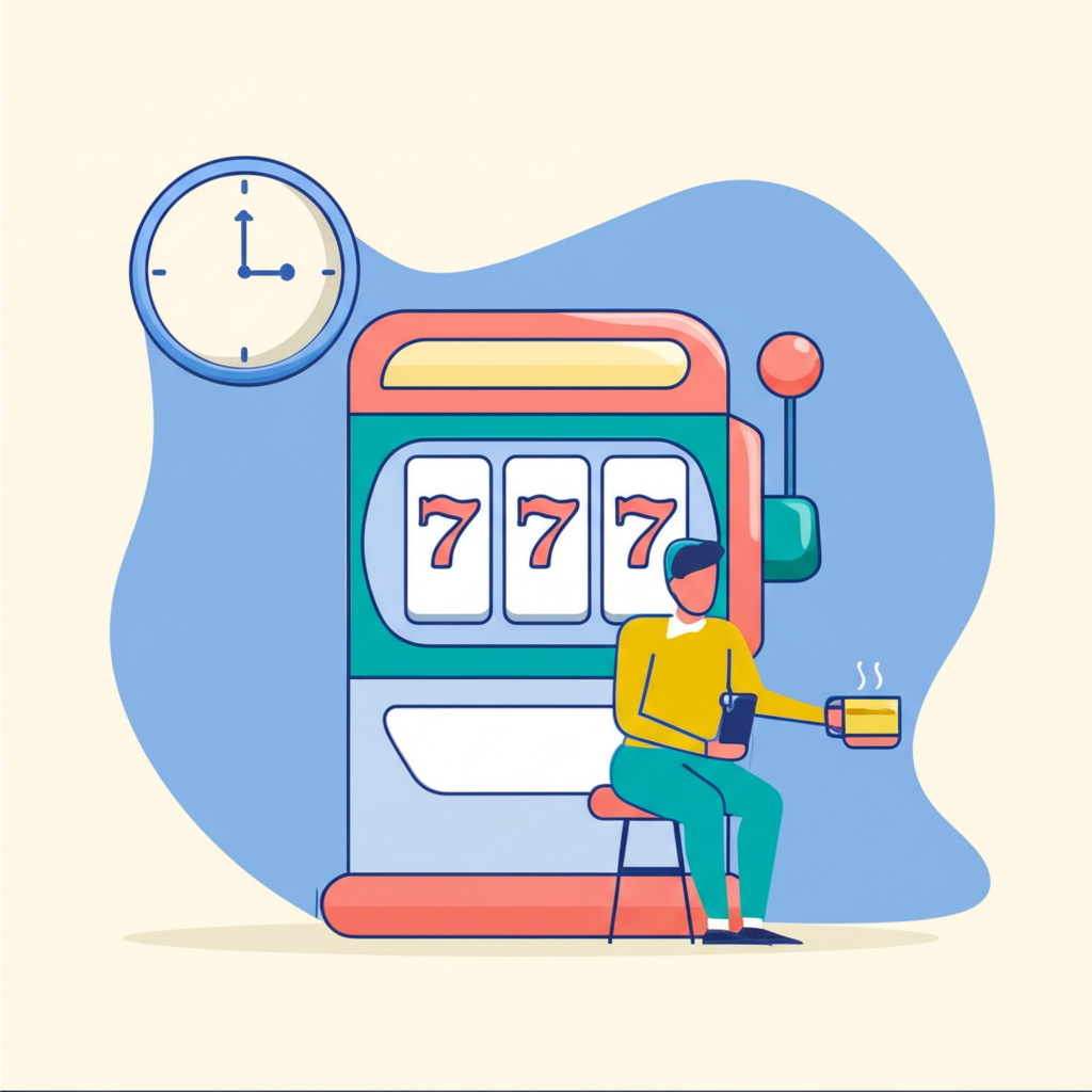 Ilustrasi manajemen waktu bermain slot dengan istirahat antar sesi untuk menjaga fokus dan menghindari kelelahan