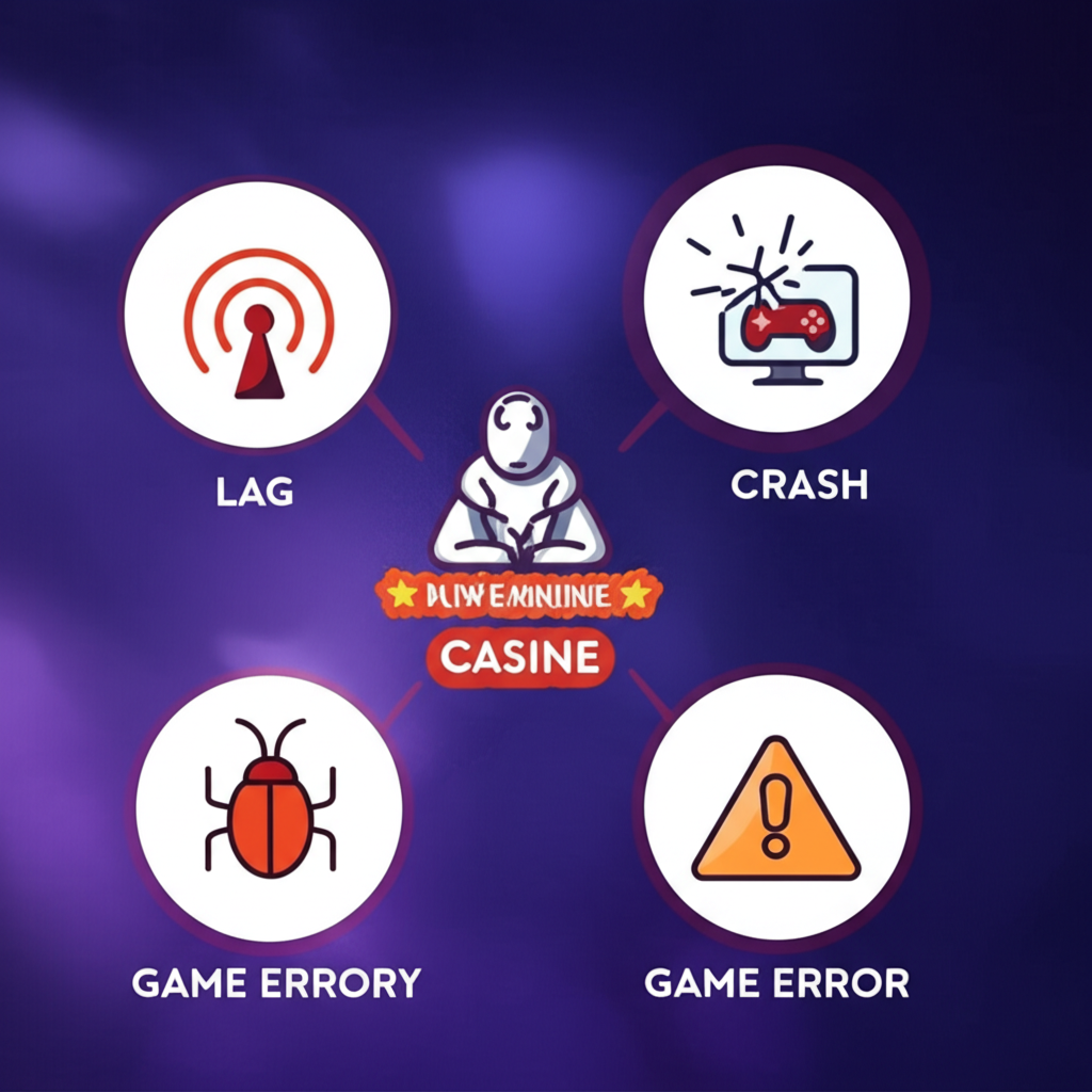 Infografis masalah teknis umum pada permainan slot online seperti lag, crash, bug, dan error