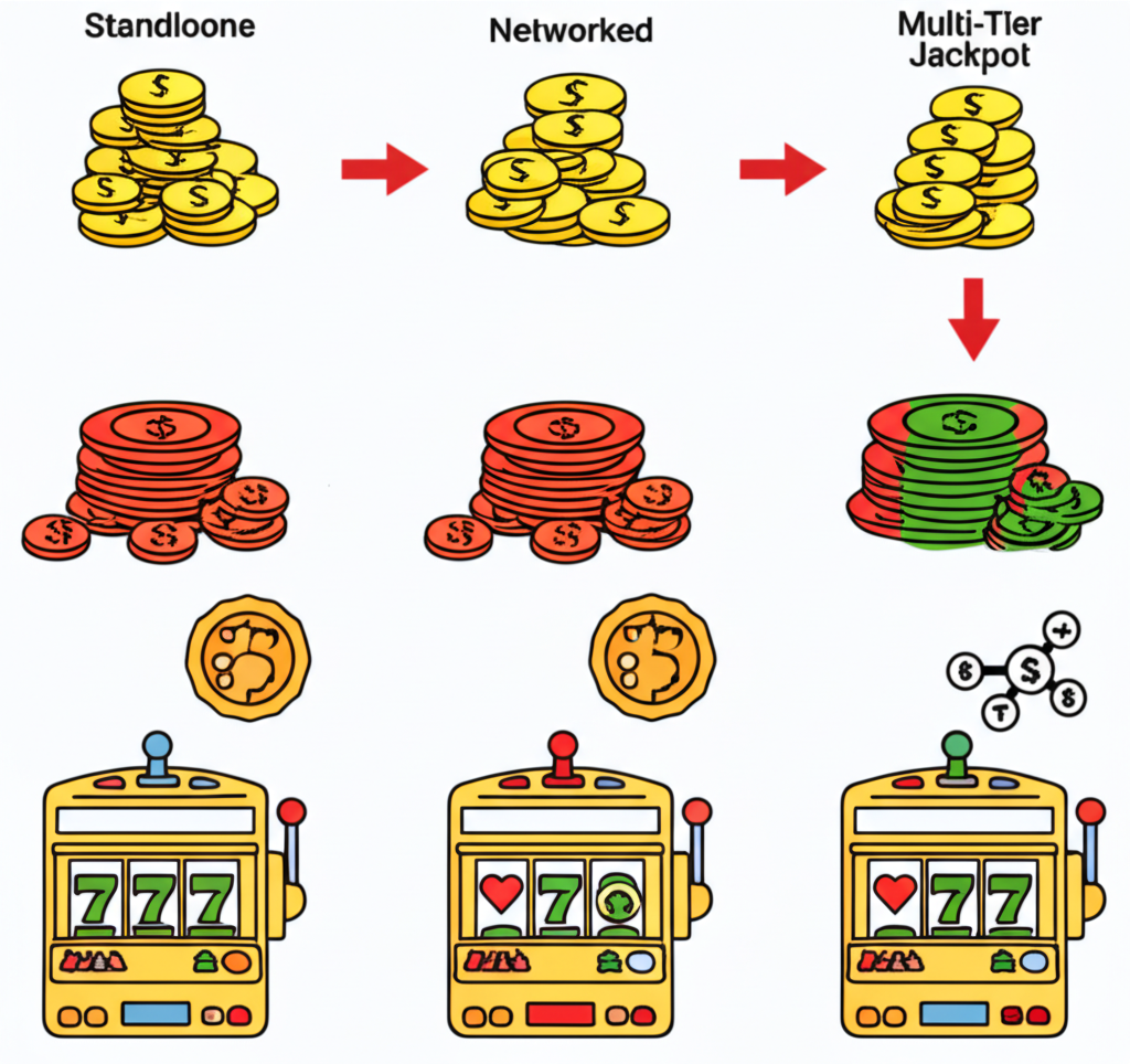 Infografis mekanisme jackpot progresif dengan jenis standalone, tertaut, dan multi-tier serta cara kerja kenaikan hadiah