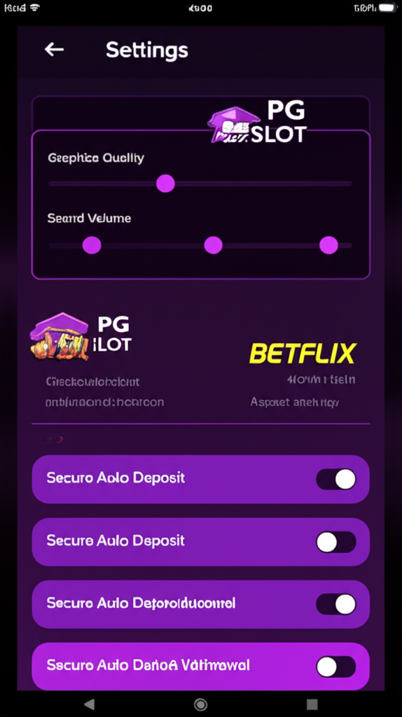 การตั้งค่าพิเศษบนมือถือสำหรับเกมสล็อต PG Slot และ Betflix เช่น การปรับกราฟิก เสียง การแจ้งเตือน และระบบฝาก-ถอนอัตโนมัติ เพื่อประสบการณ์เล่นเกมที่ดีและปลอดภัย