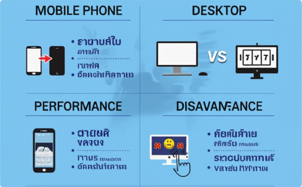 อินโฟกราฟิกเปรียบเทียบข้อดีข้อเสียของการเล่นสล็อตบนมือถือและคอมพิวเตอร์