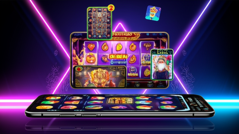Ilustrasi multitasking bermain slot online di smartphone dengan aplikasi floating yang menampilkan game slot, chat customer service, dan monitor performa secara bersamaan