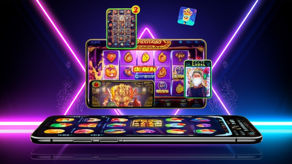 Ilustrasi multitasking bermain slot online di smartphone dengan aplikasi floating yang menampilkan game slot, chat customer service, dan monitor performa secara bersamaan