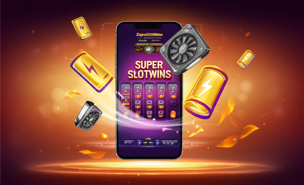 Ilustrasi smartphone dengan permainan slot online, ikon baterai dan elemen pendingin yang menggambarkan optimasi baterai dan manajemen panas untuk pengalaman gaming mobile yang optimal.