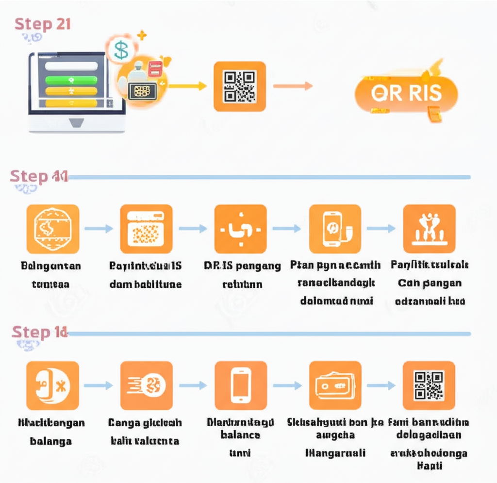 Infografis langkah-langkah cara deposit slot online dengan QRIS di platform SuperSlotWins, mulai dari login hingga konfirmasi pembayaran otomatis.
