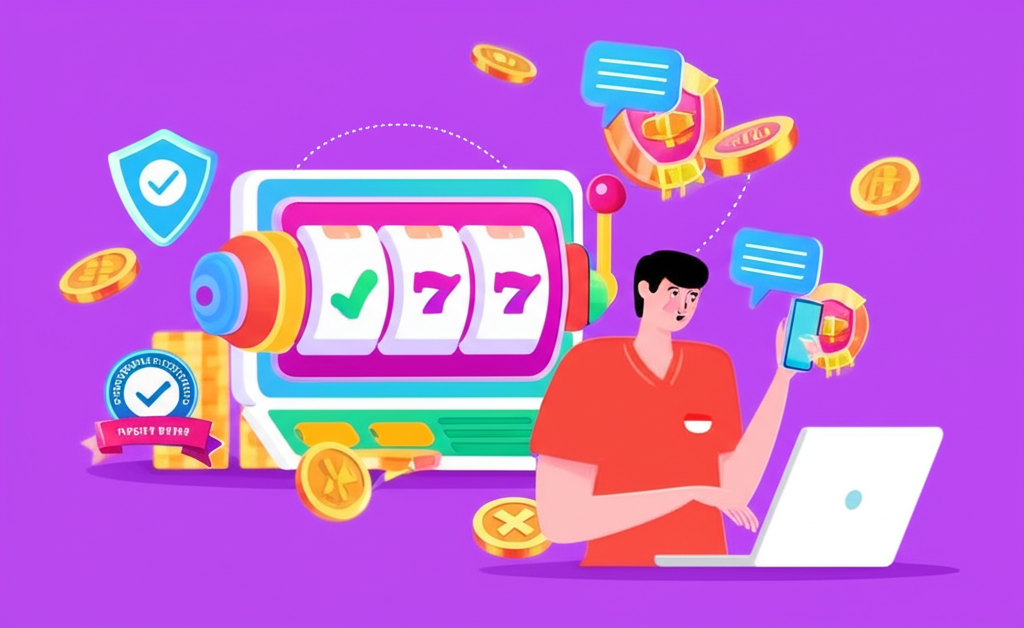 Ilustrasi pemain Indonesia yang bahagia bermain slot online dengan aman menggunakan laptop dan smartphone, menampilkan ikon keamanan, lisensi resmi, dan layanan pelanggan 24/7