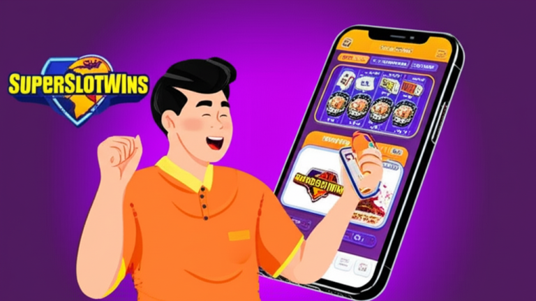 Ilustrasi pemain slot online Indonesia yang beralih dari browser desktop ke aplikasi mobile dengan antarmuka aplikasi SuperSlotWins yang menarik dan aman