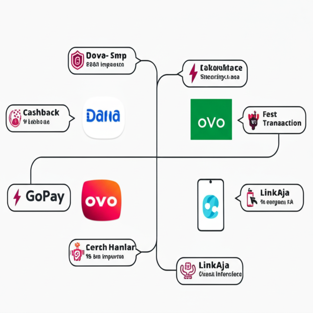 Infografis fitur utama Dana, OVO, GoPay, dan LinkAja untuk pembayaran slot online dengan keamanan, cashback, dan kemudahan transaksi