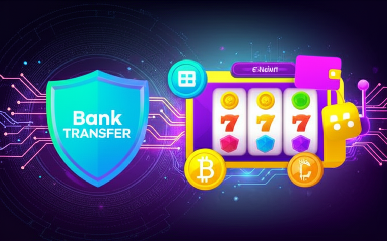 Ilustrasi perbandingan metode pembayaran slot online: transfer bank, e-wallet, dan cryptocurrency dengan simbol keamanan dan enkripsi digital
