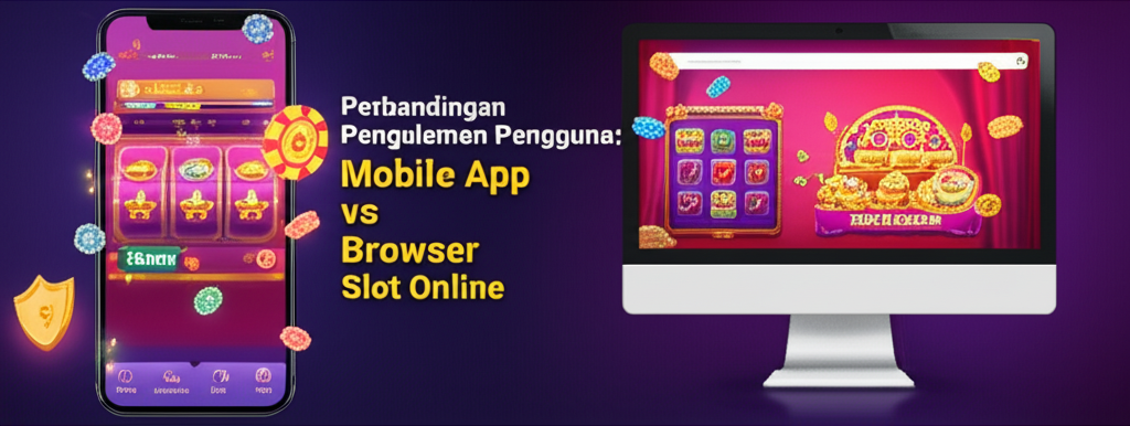 Ilustrasi perbandingan interface dan navigasi antara aplikasi mobile dan browser untuk permainan slot online