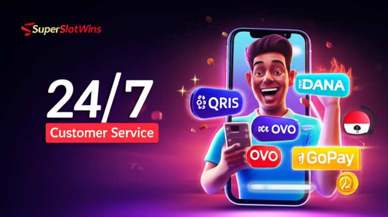 Ilustrasi pemain slot online Indonesia menggunakan metode deposit populer seperti QRIS, DANA, OVO, GoPay, dan transfer bank dengan latar belakang permainan slot digital yang cepat dan aman di SuperSlotWins.