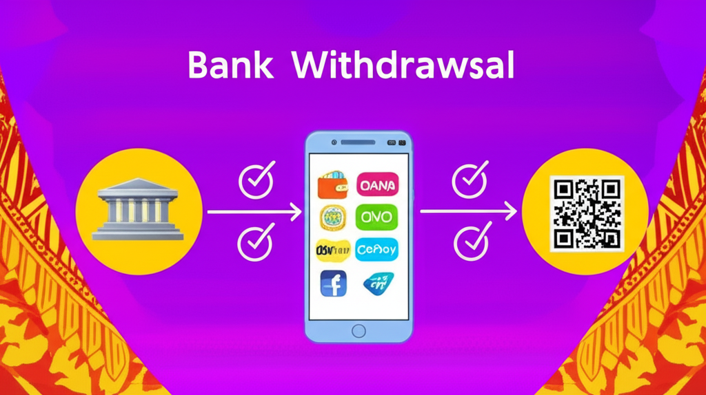 Ilustrasi perbandingan metode withdraw slot online di Indonesia: Bank, E-Wallet, dan QRIS dengan ikon keamanan dan kecepatan