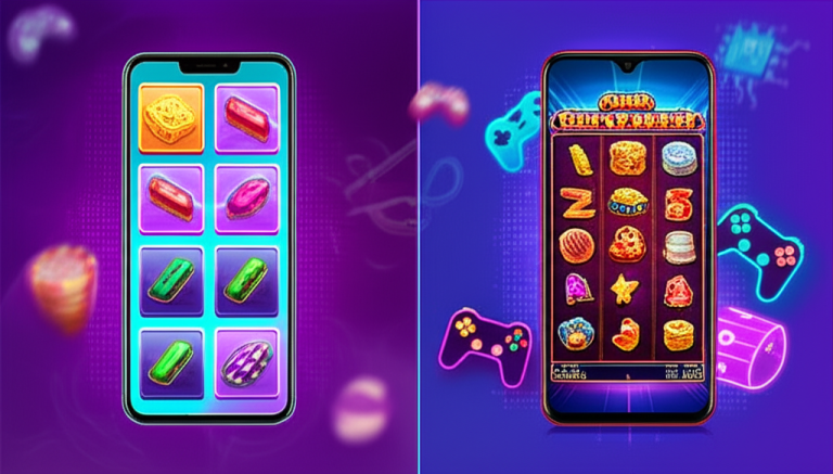 Perbandingan performa slot online di HP entry level dan flagship dengan ilustrasi game slot di layar smartphone