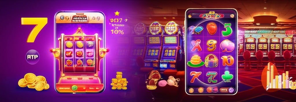 Perbandingan RTP Slot Online dan Slot Mesin Fisik dengan ilustrasi permainan slot digital dan mesin fisik di kasino