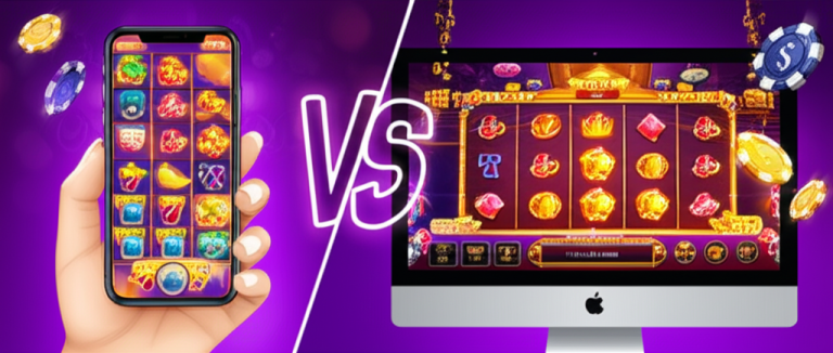 Perbandingan visual antara permainan slot mobile di smartphone dan slot desktop di komputer dengan grafis menarik dan suasana kasino digital