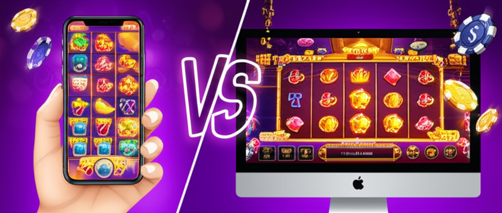 Perbandingan visual antara permainan slot mobile di smartphone dan slot desktop di komputer dengan grafis menarik dan suasana kasino digital