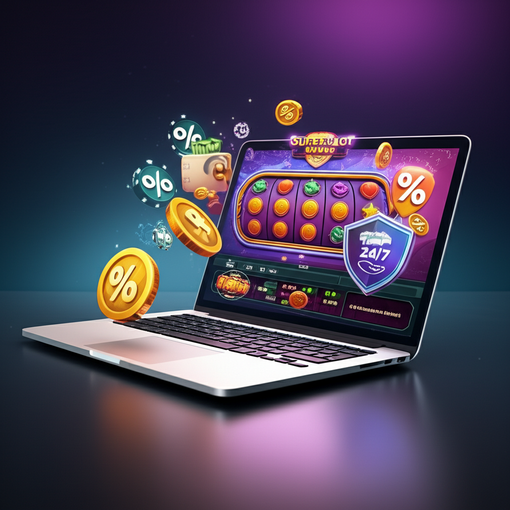 Ilustrasi permainan slot online dengan konsep percentage betting dan manajemen modal di platform SuperSlotWins yang aman dan terpercaya