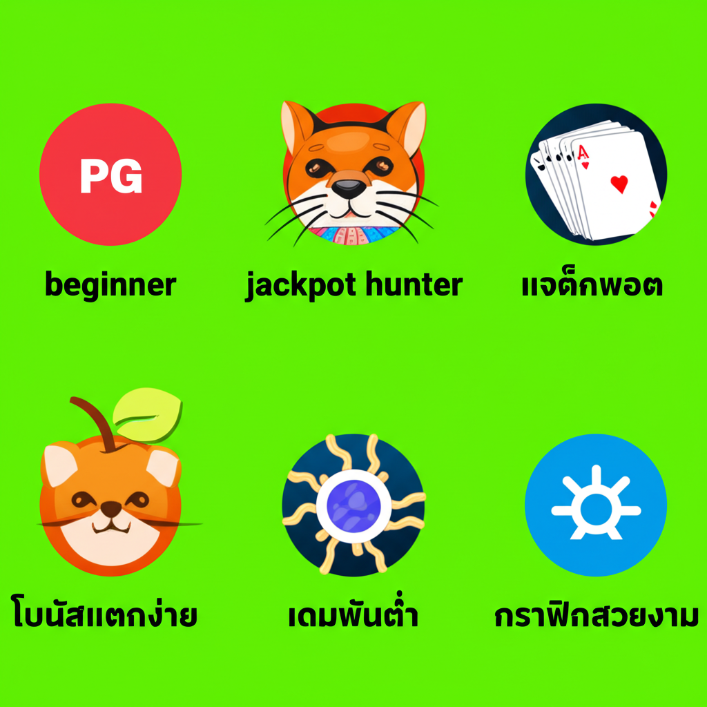 อินโฟกราฟิกแสดงสไตล์การเล่นเกมสล็อต PG Demo ที่แตกต่างกัน เช่น มือใหม่ นักล่าแจ็คพอต ผู้เล่นทุนน้อย และผู้เล่นเน้นความสนุก