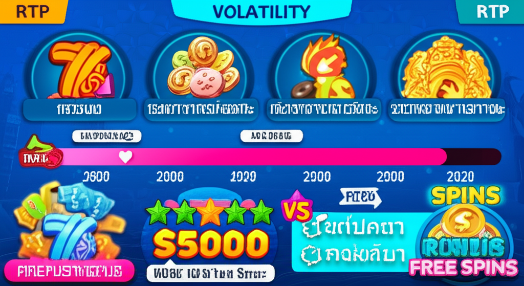 อินโฟกราฟิกอธิบายการวิเคราะห์ค่าความผันผวนและ RTP ของเกม PG Demo เพื่อช่วยเลือกเกมที่เหมาะสม