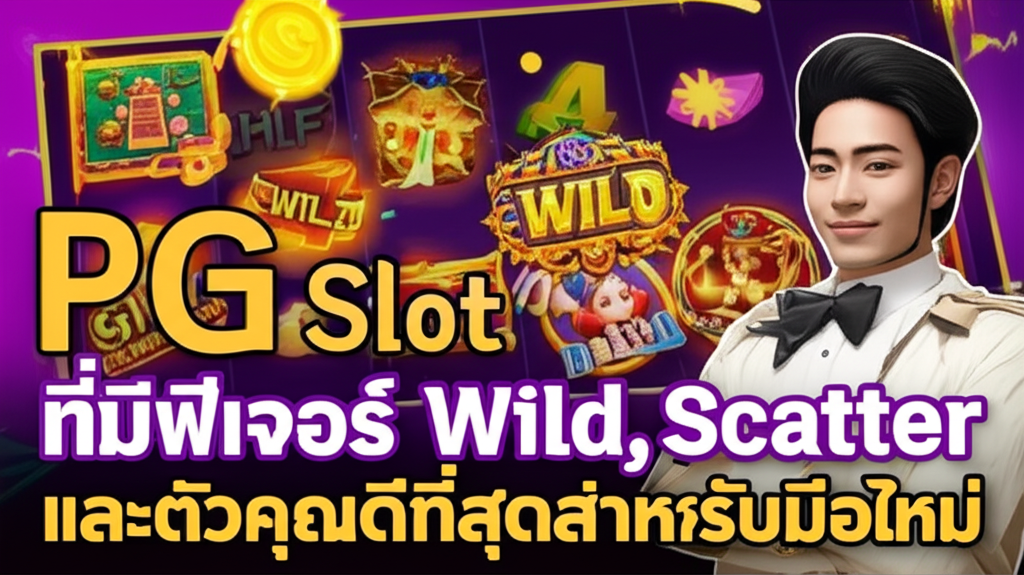 ภาพประกอบเกม PG Slot ที่มีฟีเจอร์ Wild, Scatter และตัวคูณ เหมาะสำหรับมือใหม่ พร้อมสัญลักษณ์สล็อตและโบนัสแตกง่าย