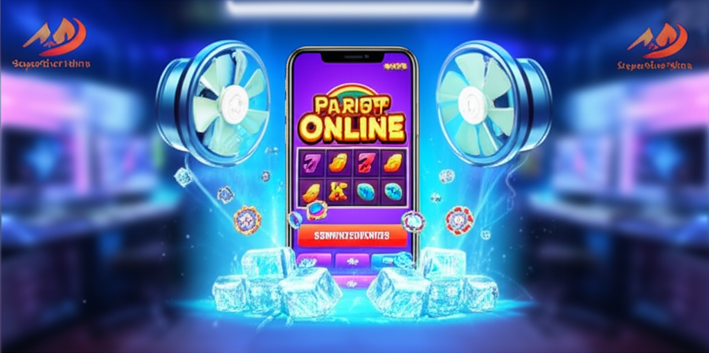 Ilustrasi smartphone dengan permainan slot online dan elemen pendingin untuk mencegah overheating saat bermain lama