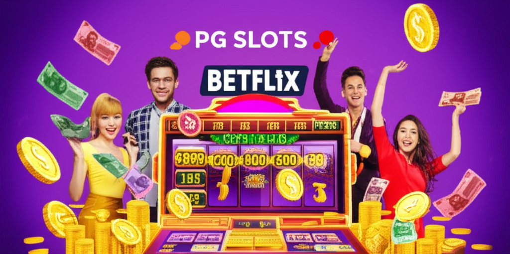ภาพเครื่องสล็อต Progressive Jackpot พร้อมผู้เล่นที่มีความสุขและโลโก้ PG Slots และ Betflix แสดงถึงความตื่นเต้นและความน่าเชื่อถือของเกมสล็อตออนไลน์