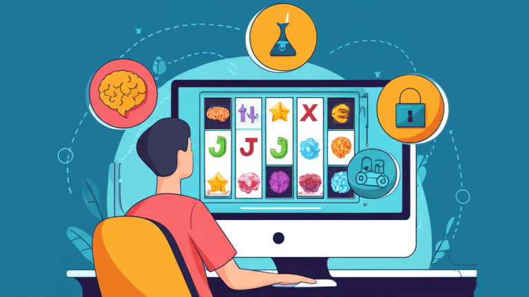 Ilustrasi pemain slot online Indonesia yang tenang dan percaya diri dengan latar belakang permainan slot berwarna-warni dan simbol pengelolaan uang serta perjudian bertanggung jawab