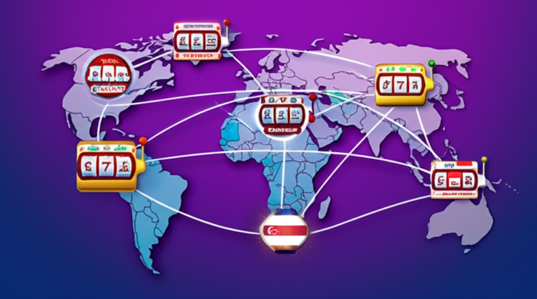 Ilustrasi peta dunia dengan koneksi QRIS Cross-Border dan ikon permainan slot online yang menunjukkan potensi deposit slot online dari luar negeri