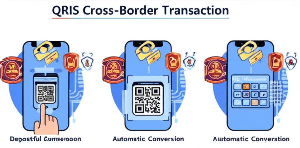 Infografis proses transaksi QRIS Cross-Border dengan fitur keamanan dan konversi mata uang otomatis untuk deposit slot online