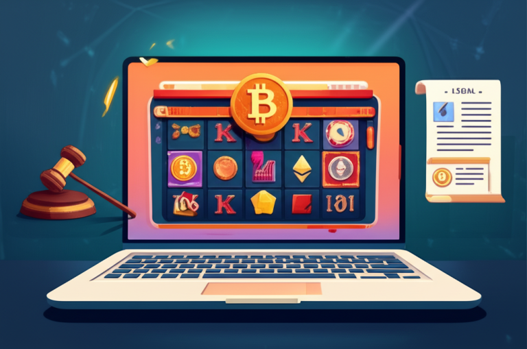 Ilustrasi transaksi crypto yang aman di industri gaming Indonesia dengan permainan slot online dan simbol regulasi pemerintah