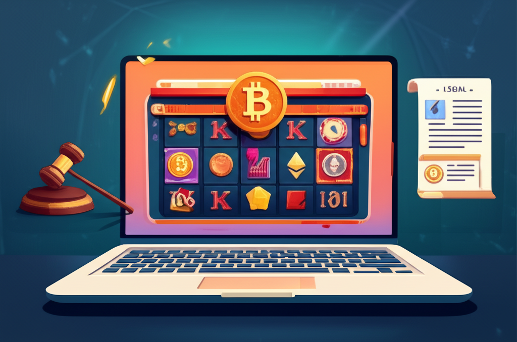 Ilustrasi transaksi crypto yang aman di industri gaming Indonesia dengan permainan slot online dan simbol regulasi pemerintah