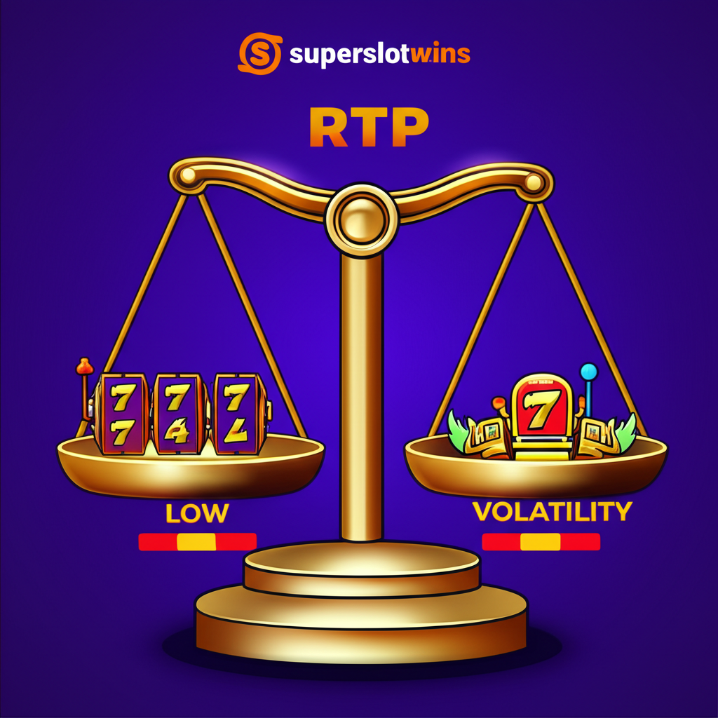 อินโฟกราฟิกแสดงความหมายของ RTP และความผันผวนในเกมสล็อต พร้อมโลโก้ superslotwins
