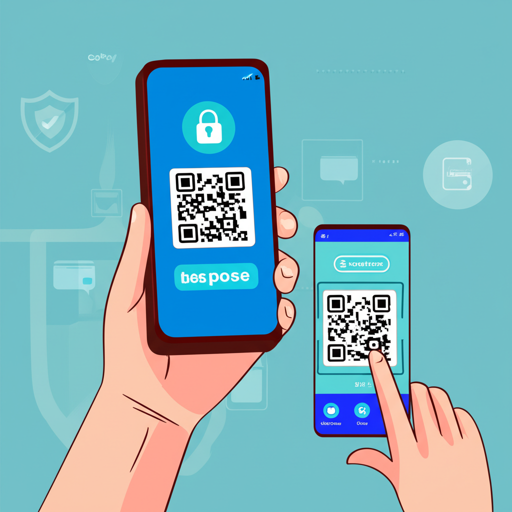 Ilustrasi close-up layar smartphone menampilkan kode QR untuk deposit slot online dengan QRIS, dan proses scan menggunakan aplikasi e-wallet Dana atau GoPay dengan ikon keamanan.