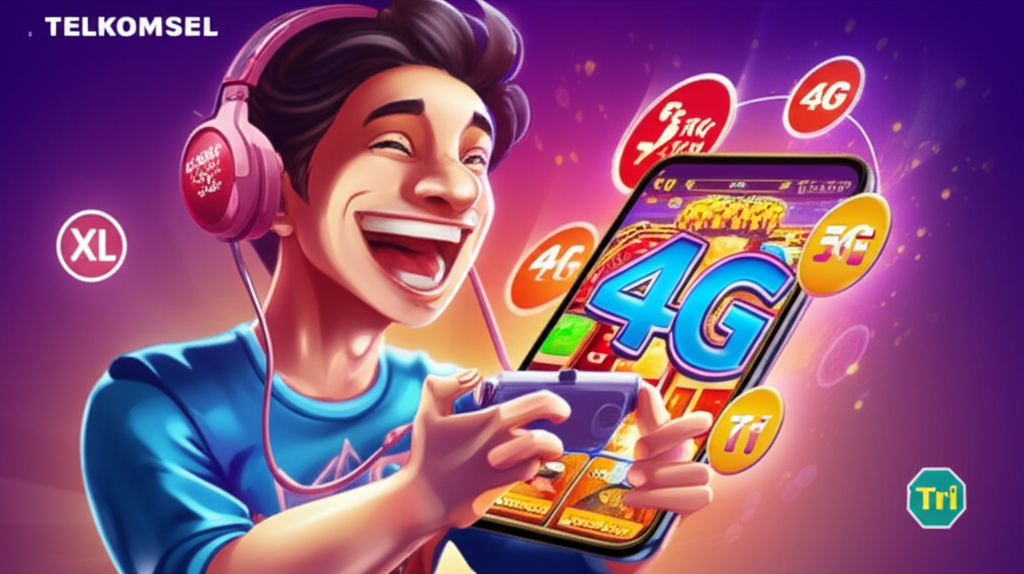 Ilustrasi pemain slot online di Indonesia menggunakan smartphone dengan koneksi internet cepat dan stabil dari berbagai provider utama seperti Telkomsel, XL, dan Tri, menunjukkan pengalaman bermain slot anti lag yang menyenangkan.