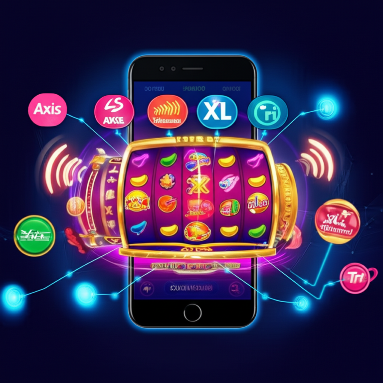Ilustrasi smartphone dengan permainan slot online dan ikon provider internet Indonesia menunjukkan koneksi APN tercepat untuk game slot online