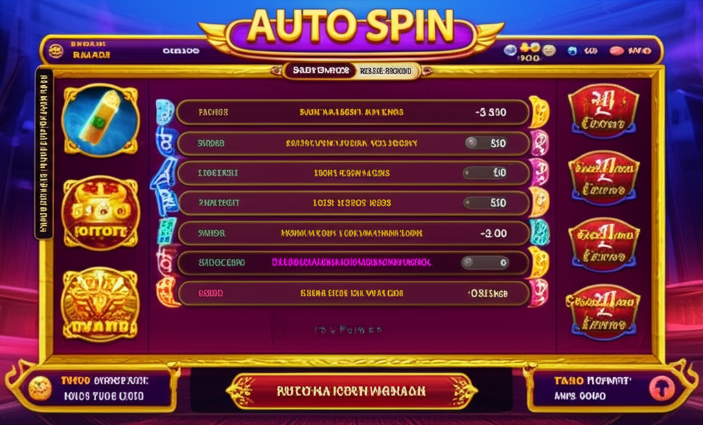 Tampilan pengaturan Auto Spin di permainan slot online dengan opsi jumlah putaran, batas kekalahan, dan Turbo Spin