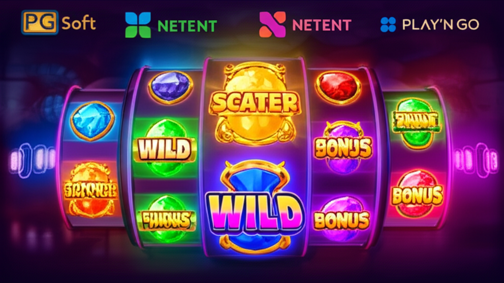 Ilustrasi simbol khusus Wild, Scatter, dan Bonus dari provider PG Soft, NetEnt, dan Play'n GO dalam permainan slot online