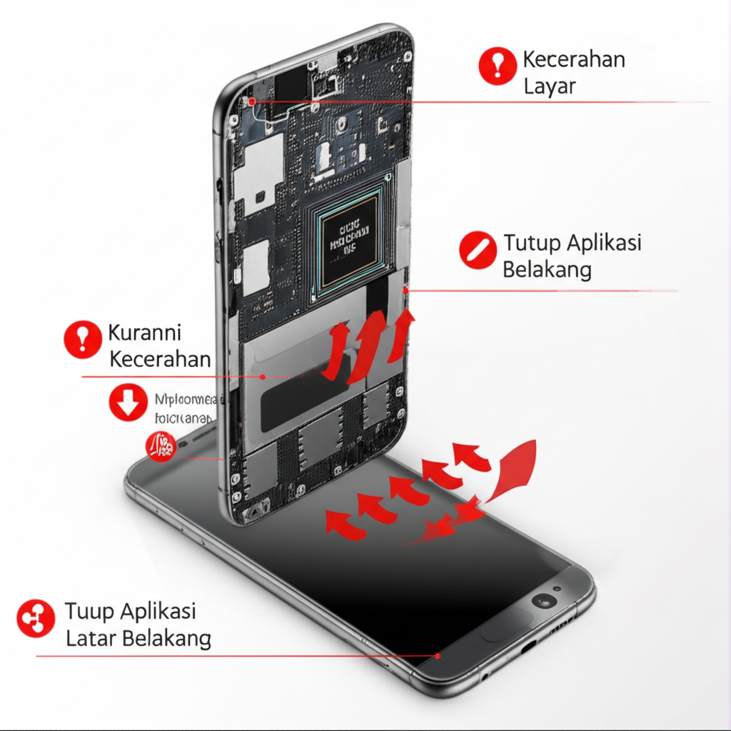 Ilustrasi smartphone tanpa casing dengan aliran udara untuk mencegah panas berlebih saat main slot online
