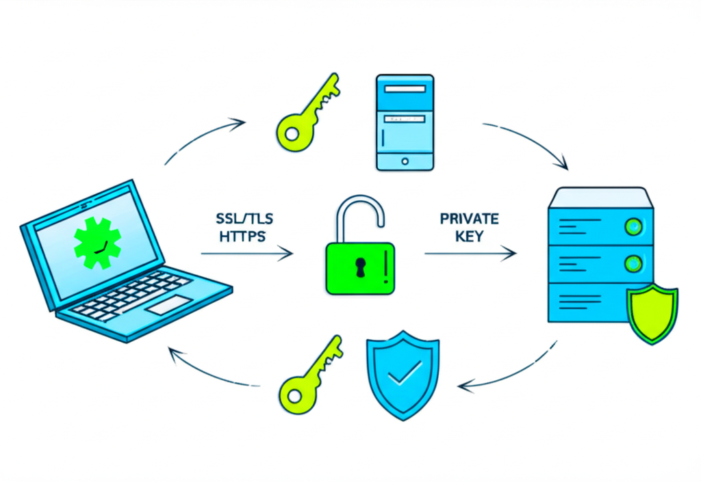 Diagram proses enkripsi SSL/TLS untuk keamanan transaksi slot online dengan simbol gembok dan HTTPS