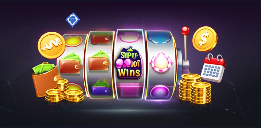 Ilustrasi mesin slot online dengan ikon manajemen uang dan logo SuperSlotWins yang menggambarkan strategi bankroll yang efektif dan bermain bertanggung jawab