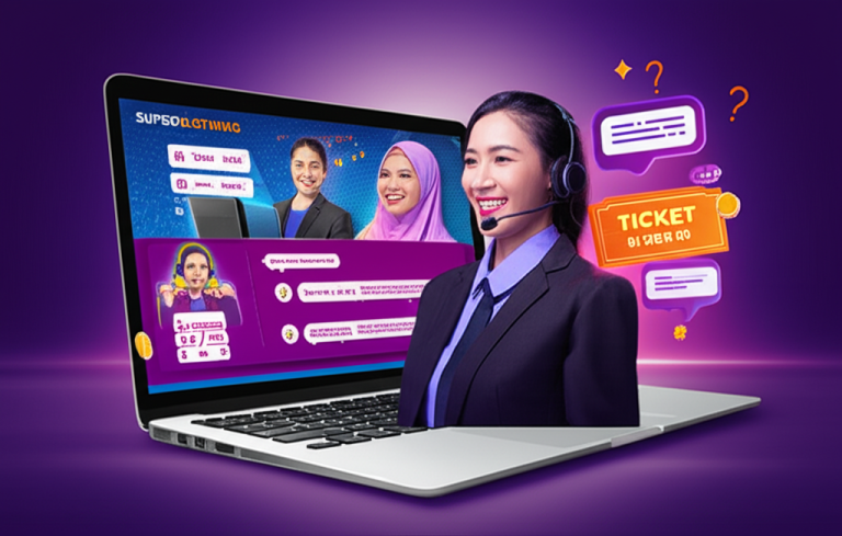 Ilustrasi pemain slot online Indonesia berinteraksi dengan layanan live chat SuperSlotWins untuk melacak status tiket dan follow up masalah dengan layanan pelanggan 24/7